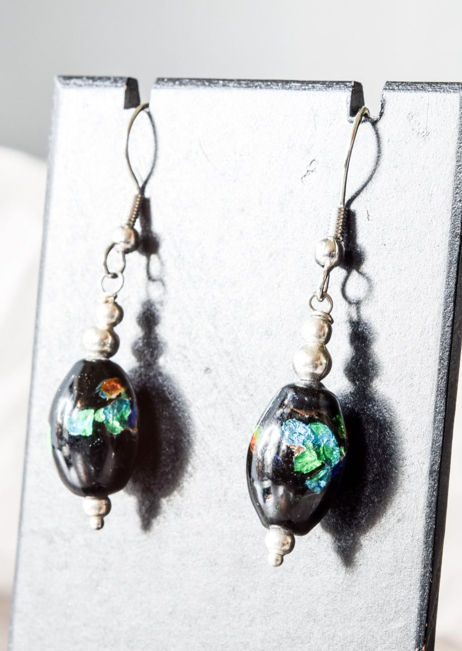 Little Treats, Dangle Earrings with Black Glass and Iridescent Blues and Metallics