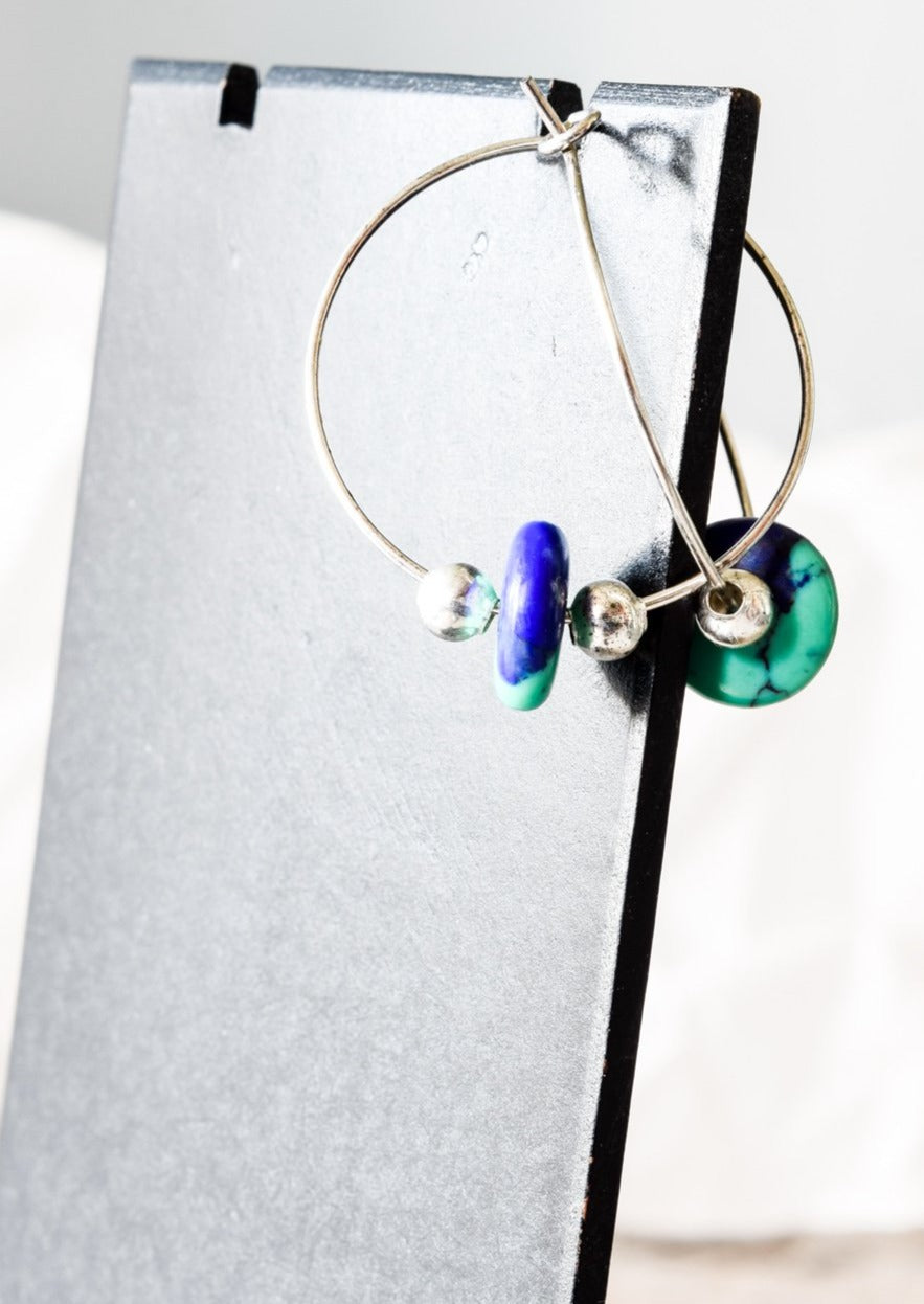 Little Treats, Silver Hoope Earrings with Azurite Stones