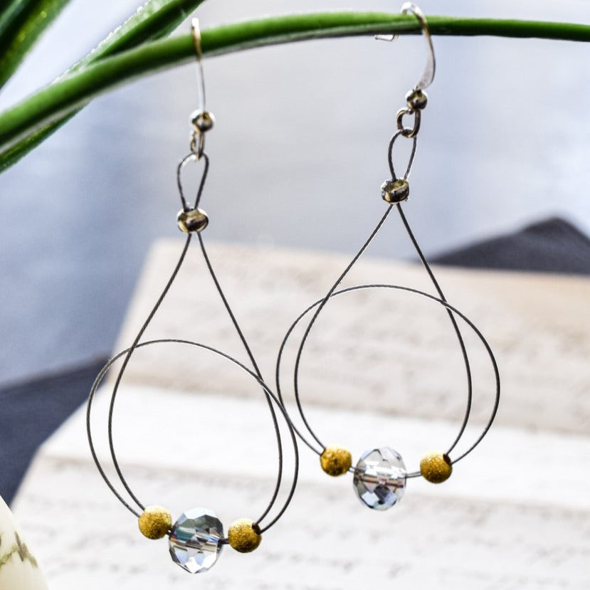 Basics, Loop-de-Loop Earrings with Steel Wire and Faceted Crystal Beads and Gold Accents