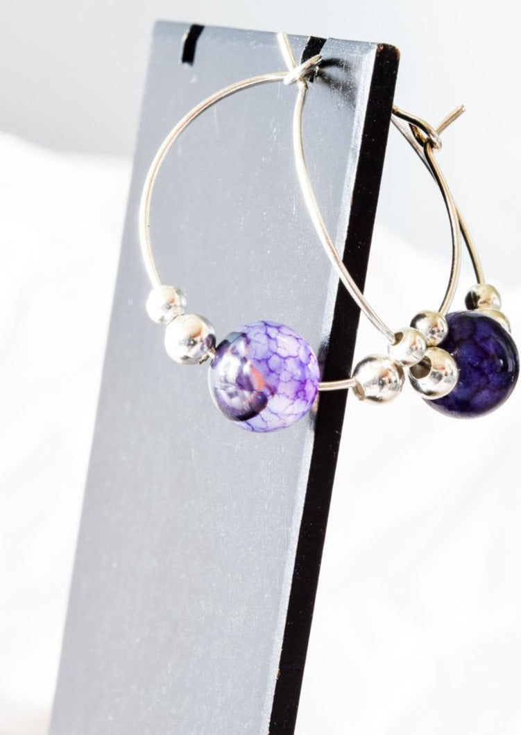 Expressions in Amethyst, Silver Hoop Earrings with Amythyst Beads