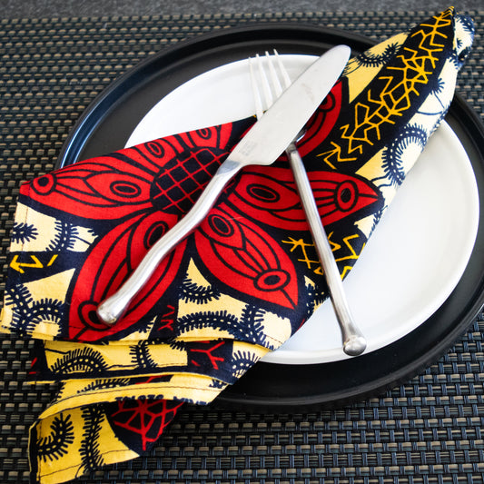 Limited-Edition, Handmade African Cloth Napkins, with Red and Yellow Flowers, Set of Two