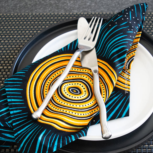 Limited-Edition, Handmade African Cloth Napkins, with Dark Blue, Yellow, and Orange Concentric Pattern, Set of Two