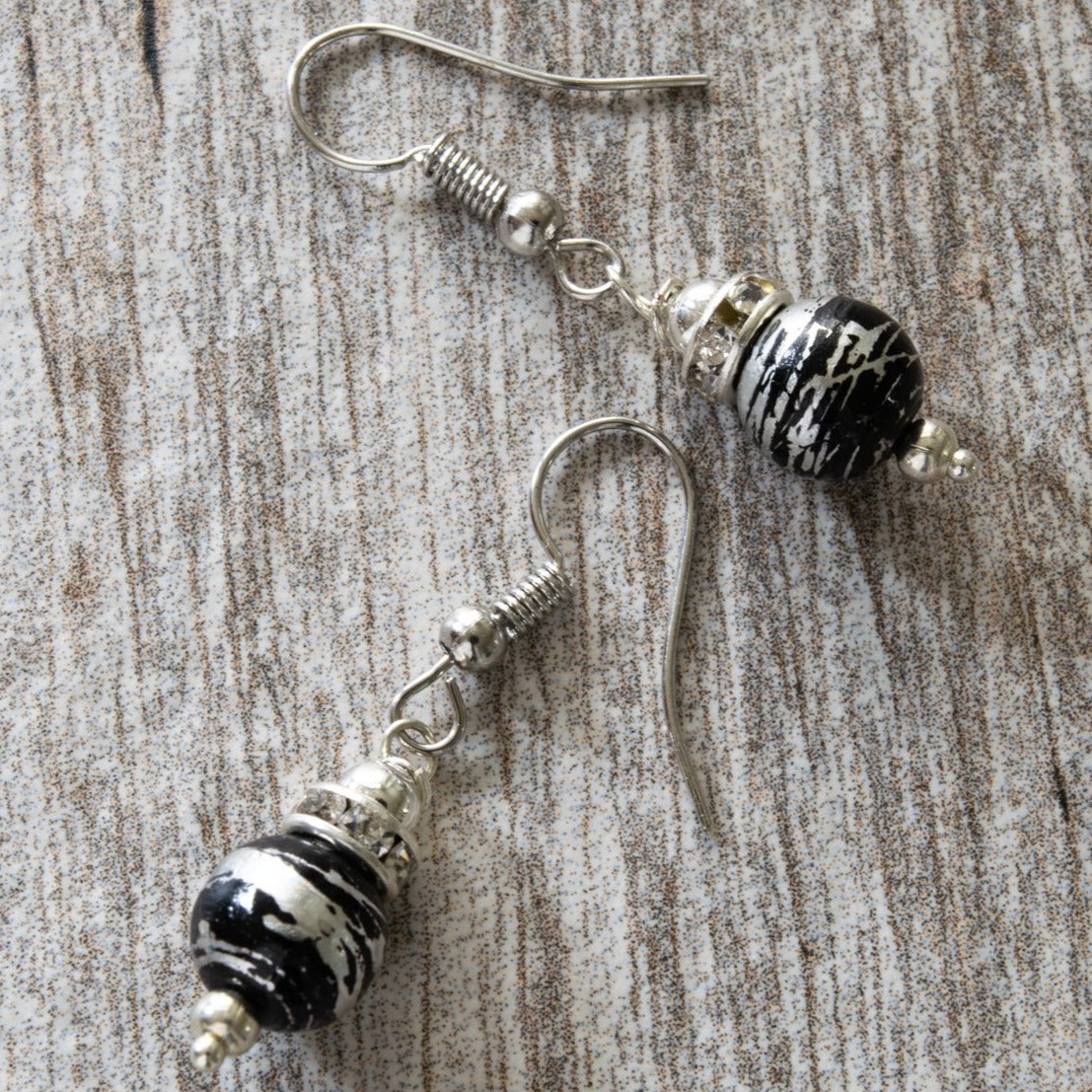 Little Treats, Fishhook Dangle Earrings with Black and Silver Swirls