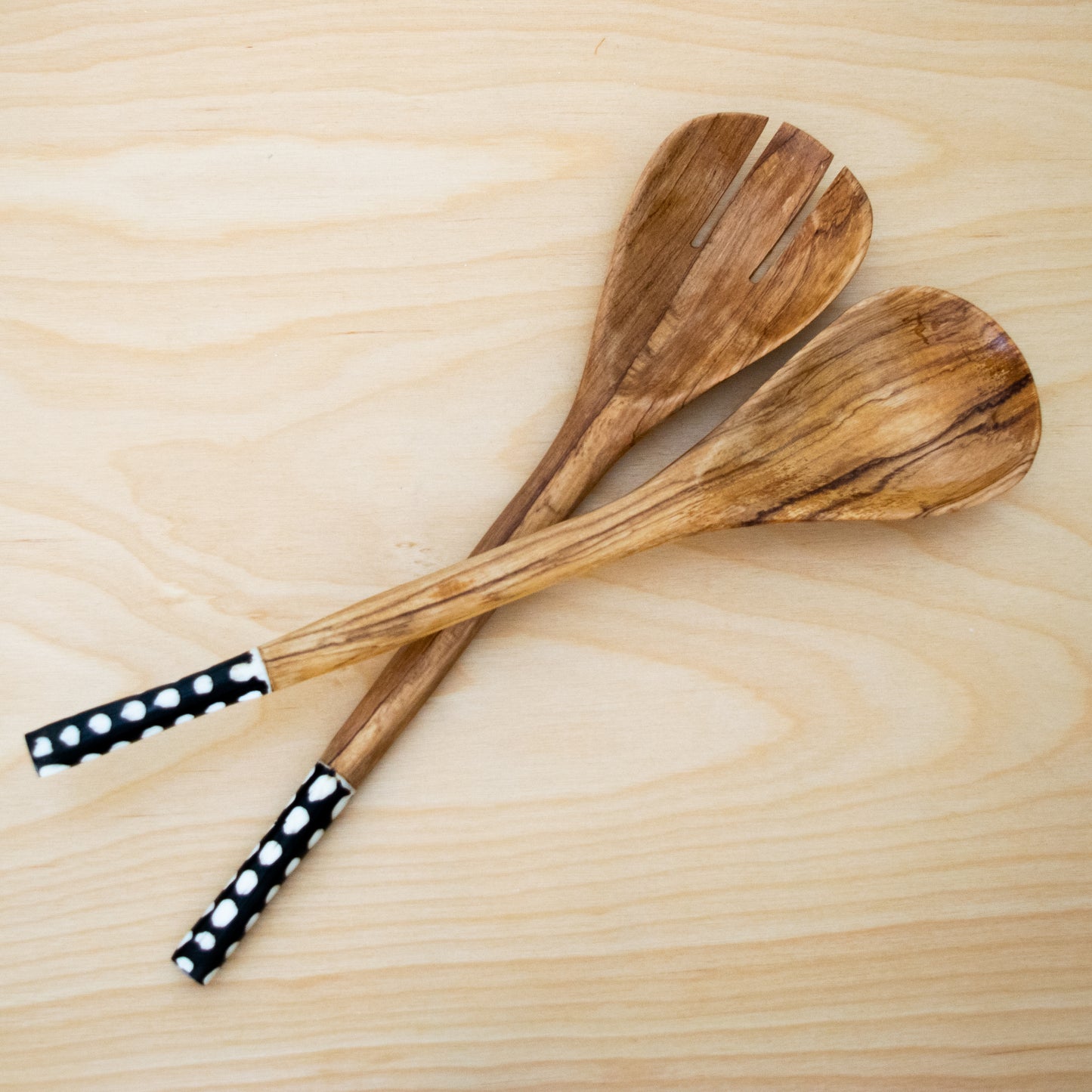 Hand Carved Olive Wood Salad Servers, with Cow Bone Handles, and Polka Dot Graphics