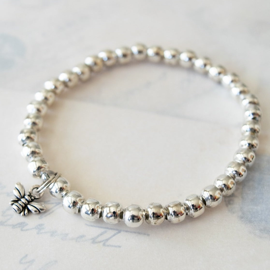 Stackables Stretch Bracelet with Large, Silver 5mm Beads and a Tibetan Silver Bumble Bee