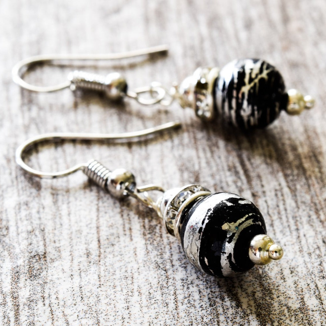 Little Treats, Fishhook Dangle Earrings with Black and Silver Swirls