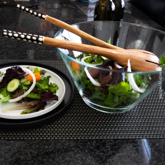 Hand Carved Olive Wood Salad Servers, with Cow Bone Handles, and Polka Dot Graphics