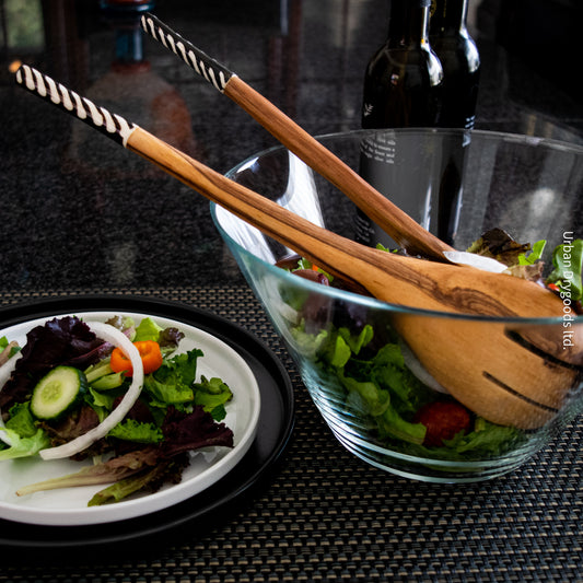 Carved Olive Wood Salad Servers, with Black and White Striped Cow Bone Handles