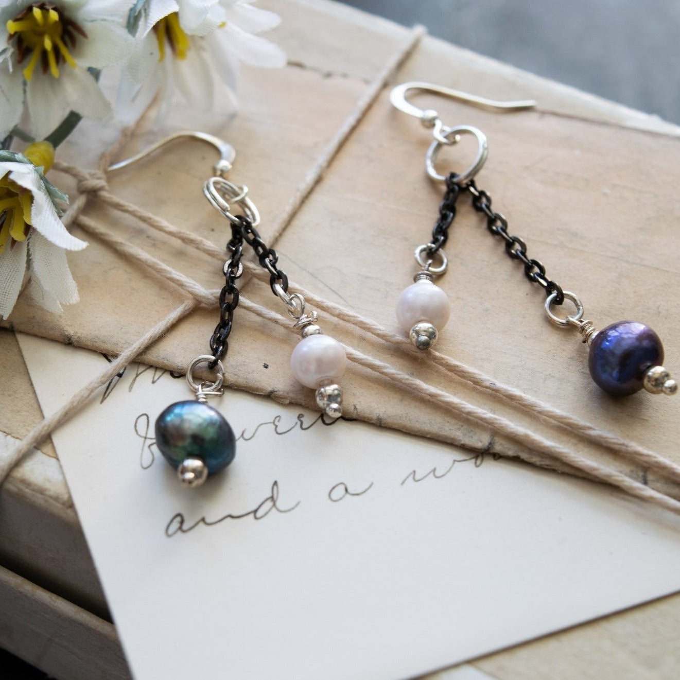 Basics, Prussian Blue and White Fresh-Water Pearl Dangle Earrings on Gun Metal Chain