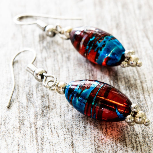 Little Treats, Fishhook Dangle Earrings with Ruby, Gold, Blue, and Silver Swirls