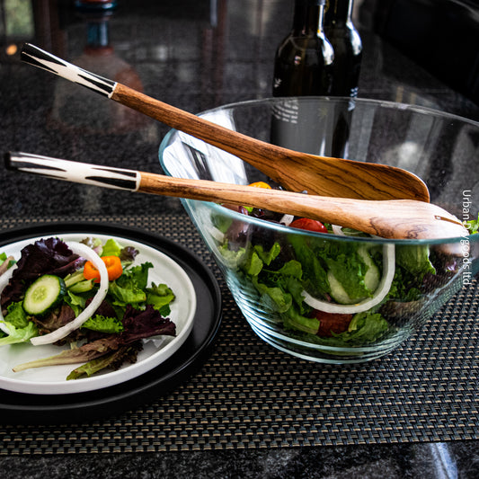 Hand Carved Olive Wood Salad Servers with Classic Cow Bone Handle