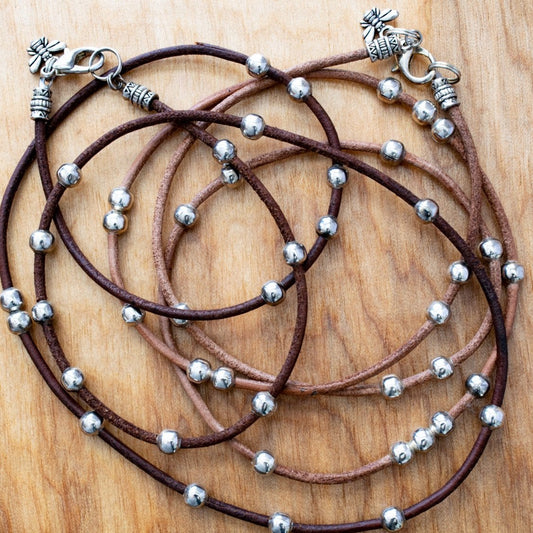 Beginnings,  Leather Necklace or Wrap Bracelet with Silver Beads