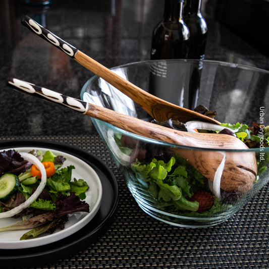 Hand Carved Olive Wood Salad Servers with Batik Cow Bone Handle