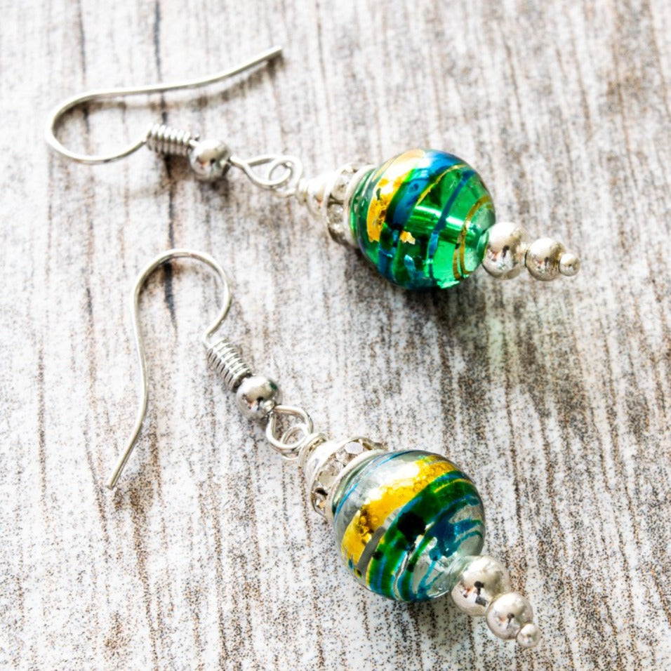 Little Treats, Fishhook Dangle Earrings with Emerald Green Glass and Silver Swirls