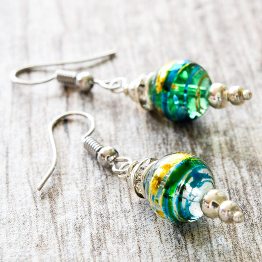 Little Treats, Fishhook Dangle Earrings with Emerald Green Glass and Silver Swirls