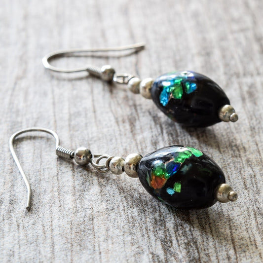 Little Treats, Dangle Earrings with Black Glass and Iridescent Blues and Metallics