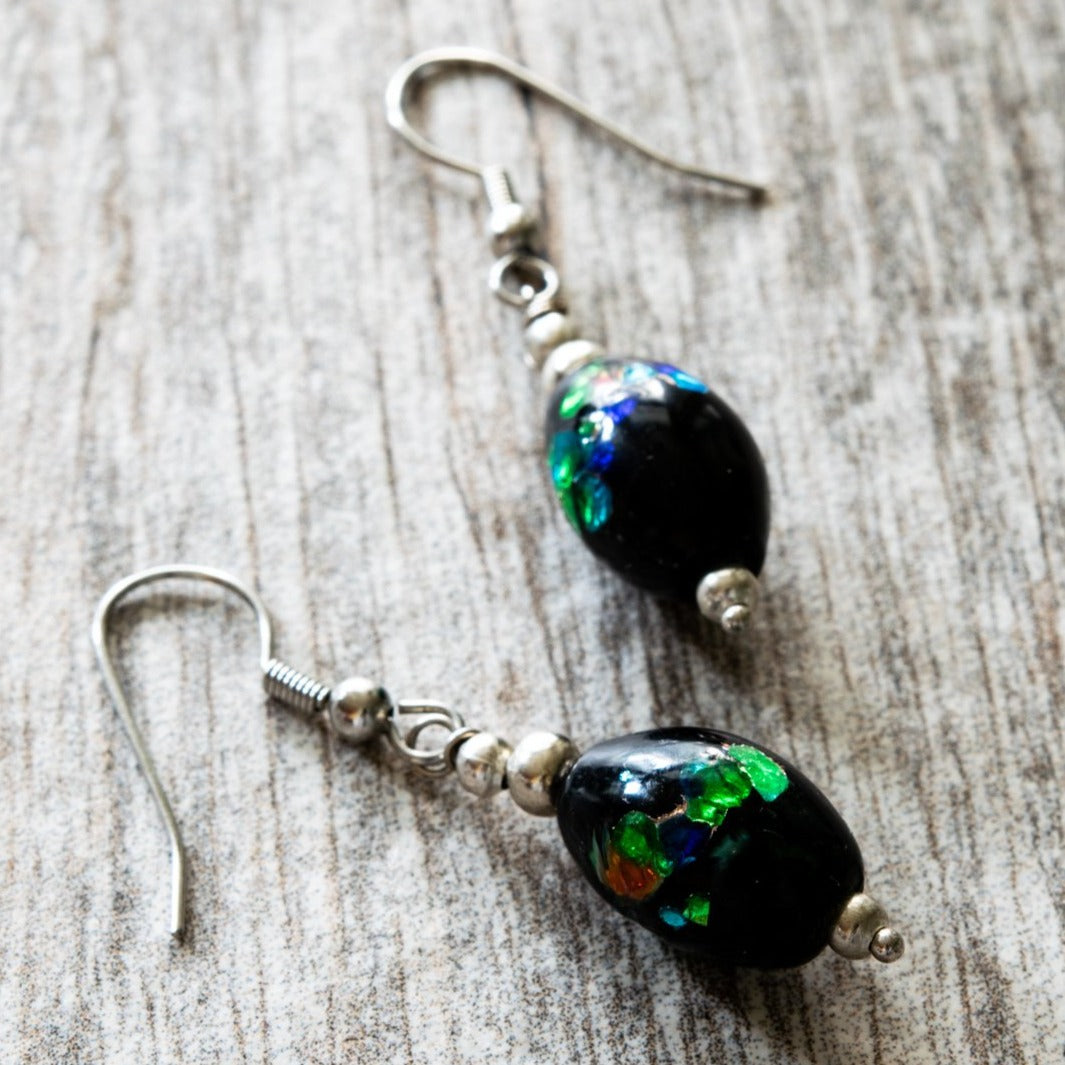 Little Treats, Dangle Earrings with Black Glass and Iridescent Blues and Metallics