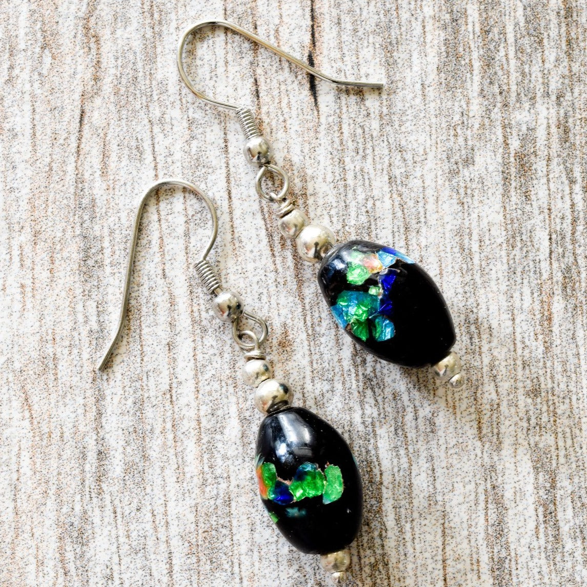 Little Treats, Dangle Earrings with Black Glass and Iridescent Blues and Metallics