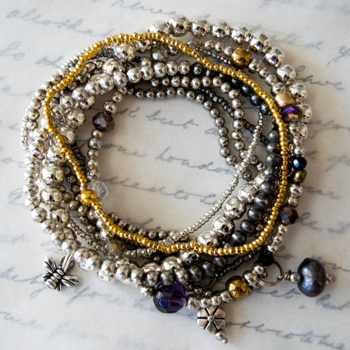 Stackables Micro-Bead Bracelet with Silver Flower