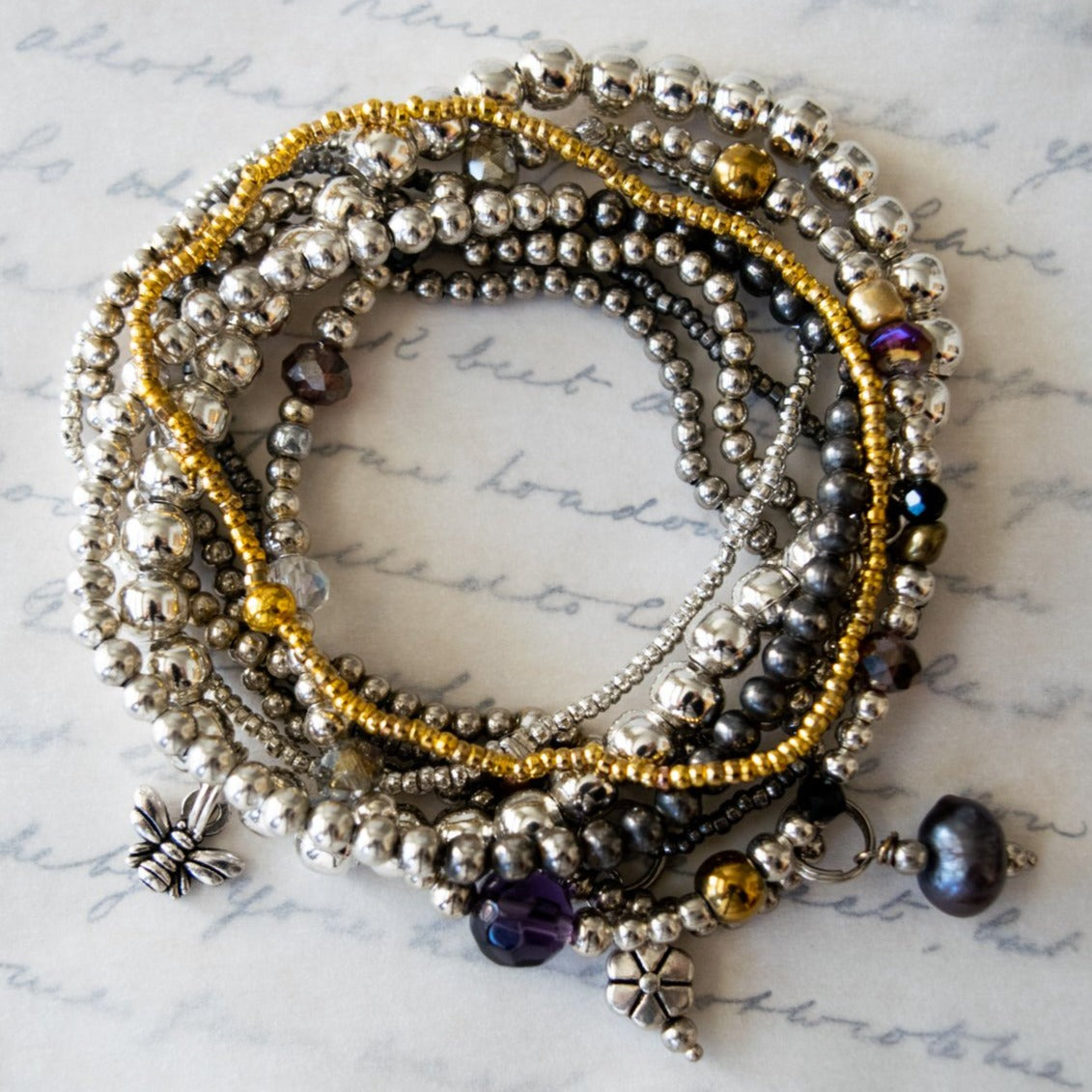 Stackables Stretch Bracelet with Large, Silver 5mm Beads and a Tibetan Silver Bumble Bee