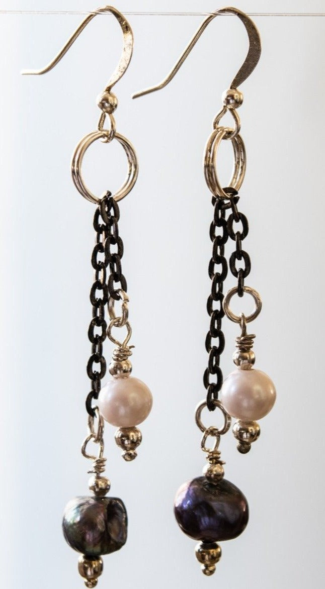 Basics, Prussian Blue and White Fresh-Water Pearl Dangle Earrings on Gun Metal Chain