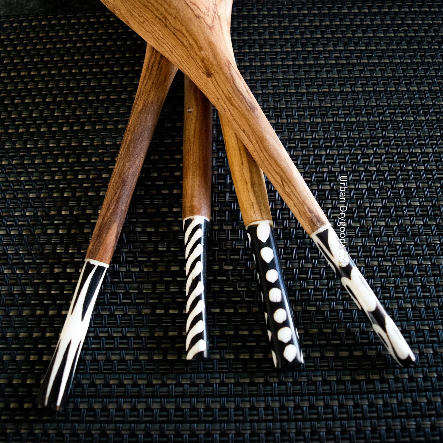 Hand Carved Olive Wood Salad Servers, with Cow Bone Handles, and Polka Dot Graphics