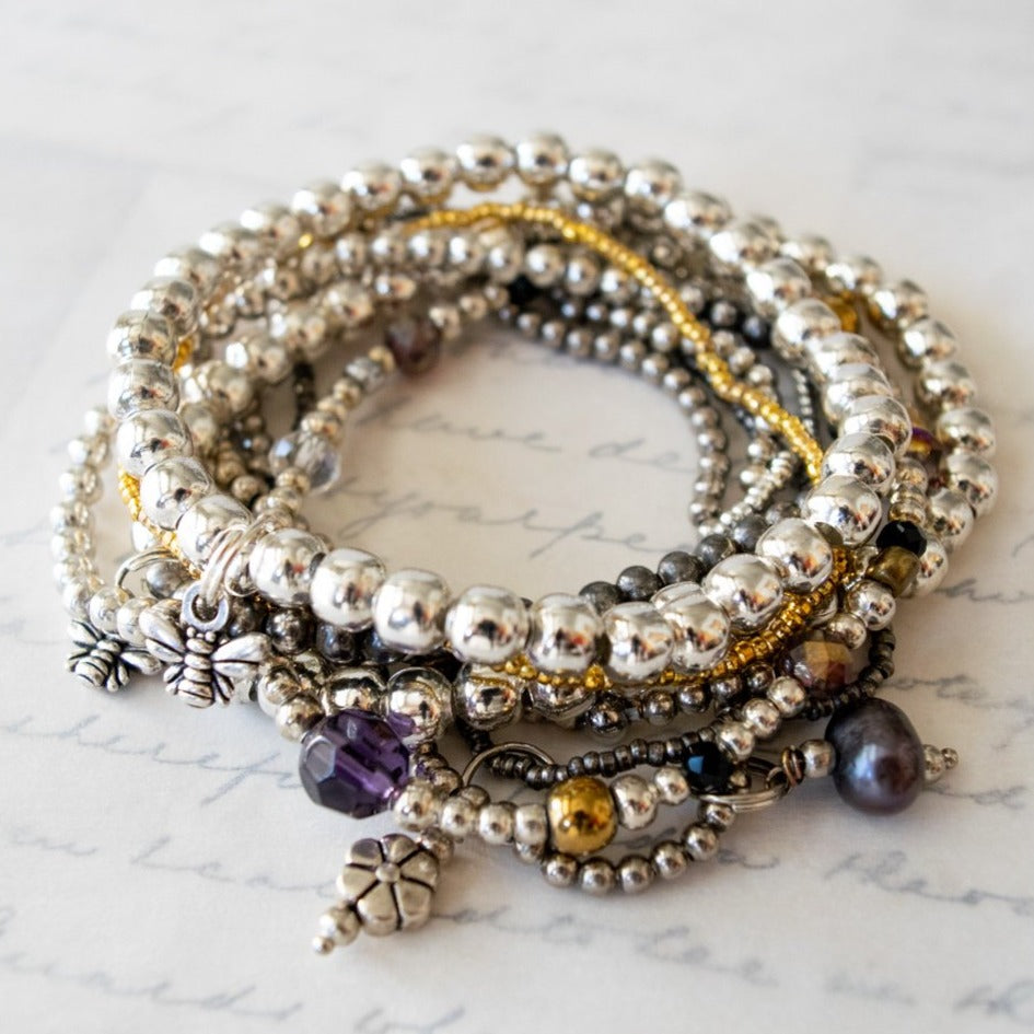 Stackables Bracelet with Antiqued Silver Beads with a Prussian Blue Pearl Charm