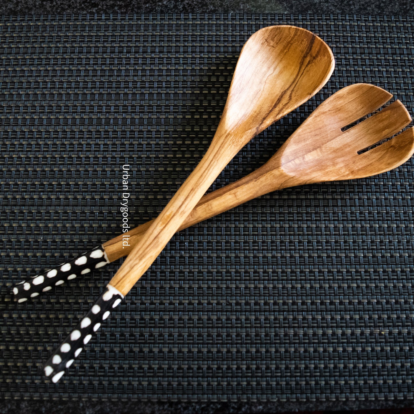 Hand Carved Olive Wood Salad Servers, with Cow Bone Handles, and Polka Dot Graphics