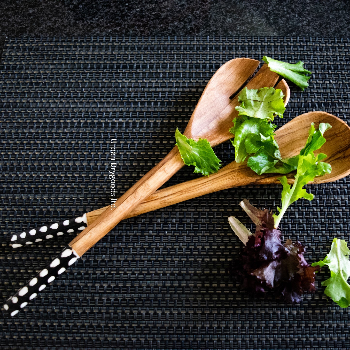 Hand Carved Olive Wood Salad Servers, with Cow Bone Handles, and Polka Dot Graphics