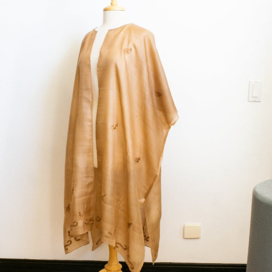 Women's Camel Colored, Hand-Embroidered, Open Front Kimono/Caftan