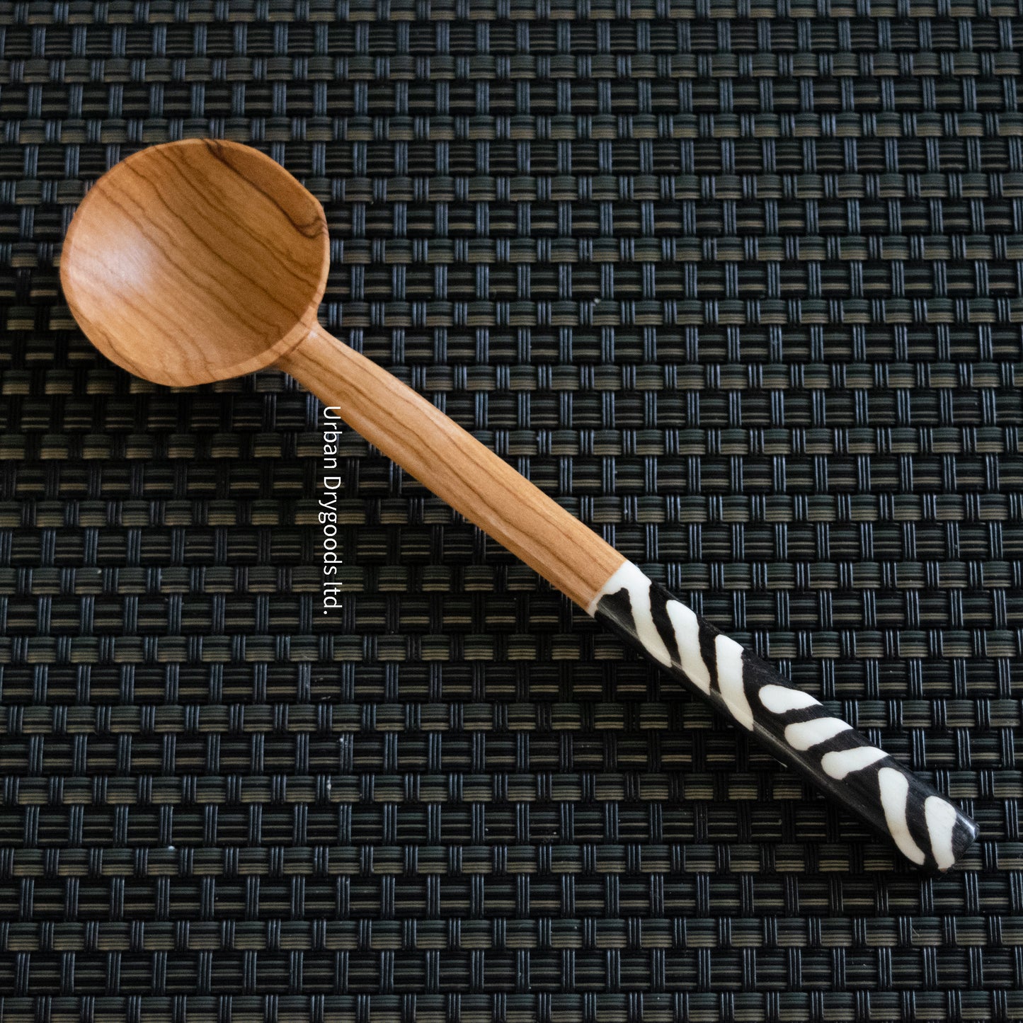 Hand Carved African Olive Wood Spoon, with Striped Cow Bone Handle