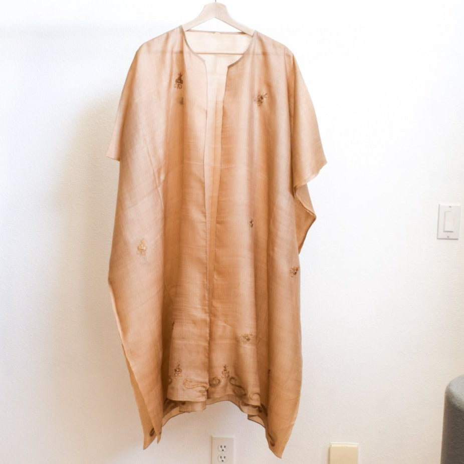 Women's Camel Colored, Hand-Embroidered, Open Front Kimono/Caftan