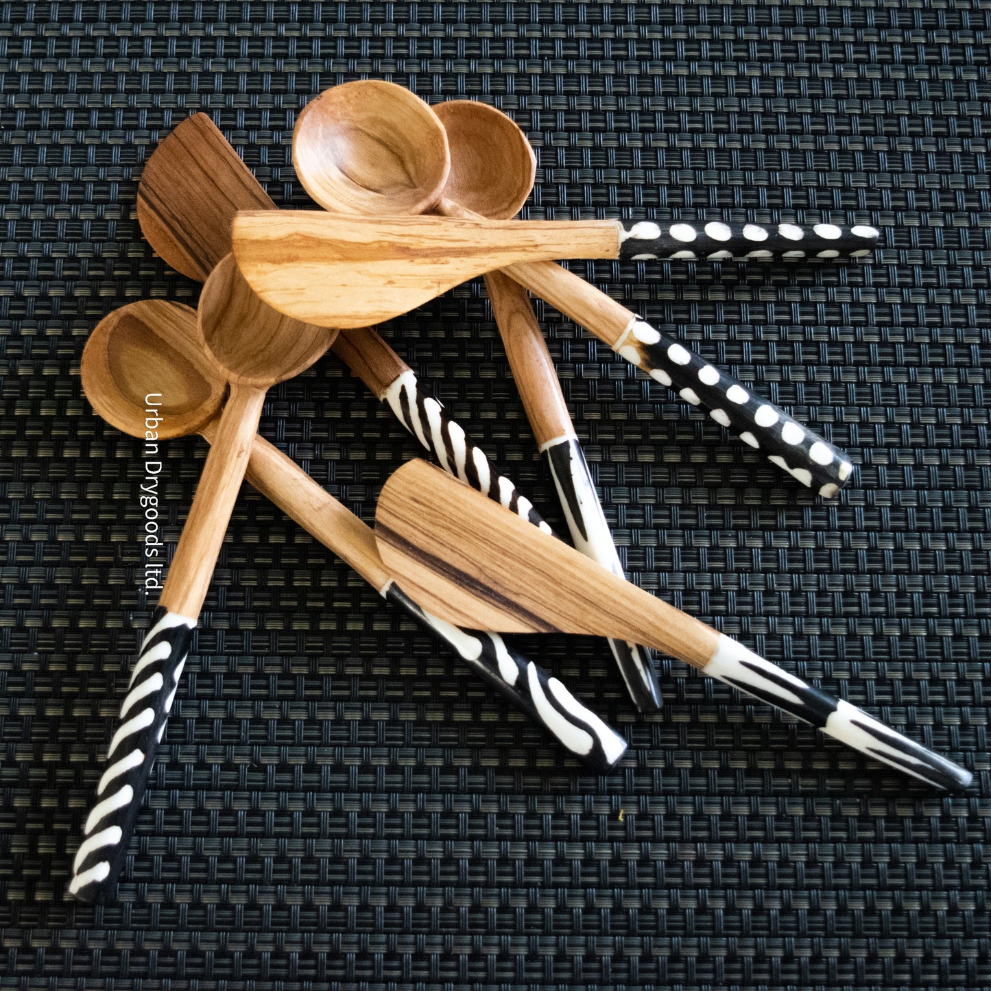 Hand Carved African Olive Wood Spoon, with Striped Cow Bone Handle