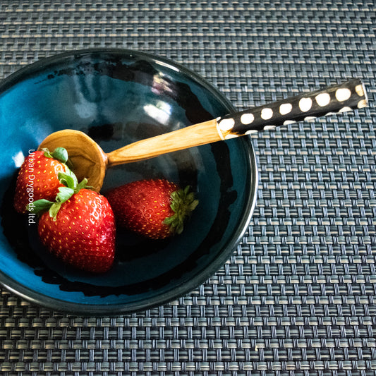 Hand Carved African Olive Coffee Scoop, Condiment Spoon, with Polka Dot Cow Bone Handle