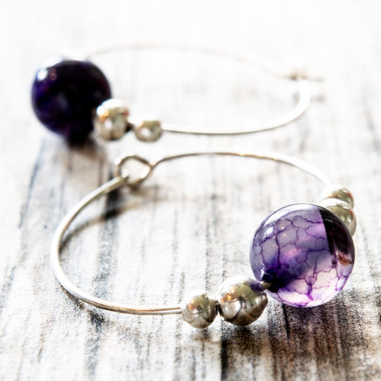 Expressions in Amethyst, Silver Hoop Earrings with Amythyst Beads