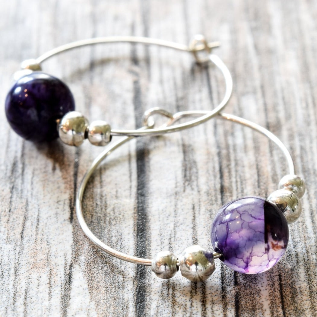 Expressions in Amethyst, Silver Hoop Earrings with Amythyst Beads