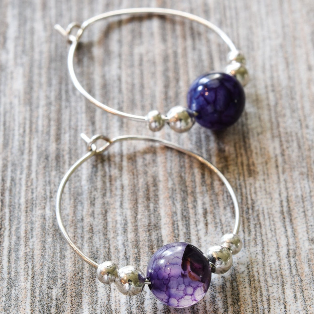 Expressions in Amethyst, Silver Hoop Earrings with Amythyst Beads