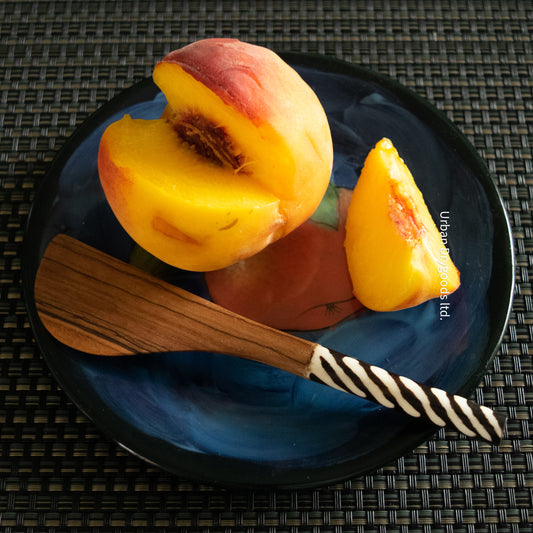 Hand Carved Olive Wood Butter Spreader, with Cow Bone Handle with Zebra Pattern