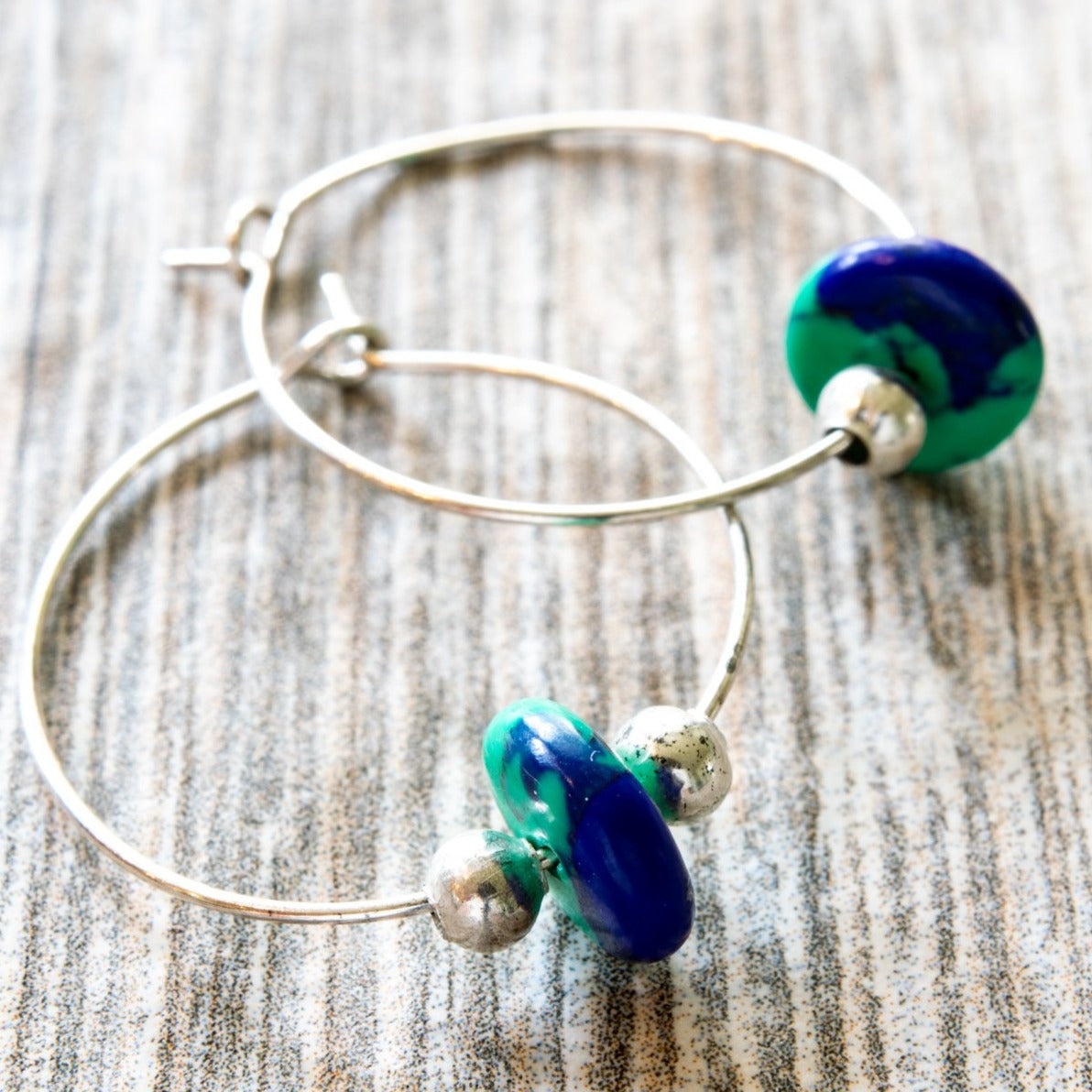 Little Treats, Silver Hoope Earrings with Azurite Stones