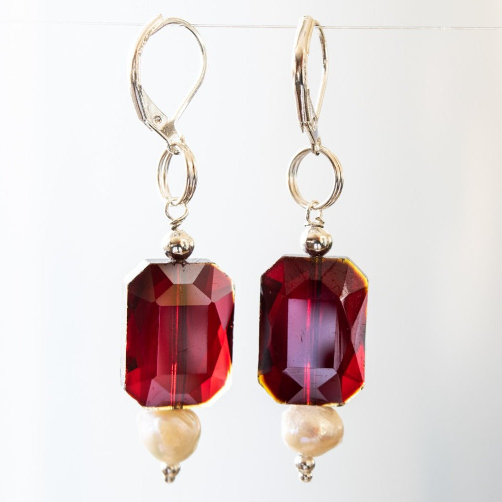 Basics, Ruby Red Crystal and Pearl Dangle Earrings