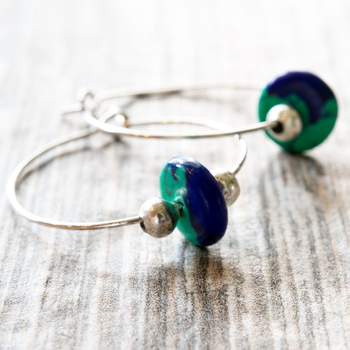 Little Treats, Silver Hoope Earrings with Azurite Stones