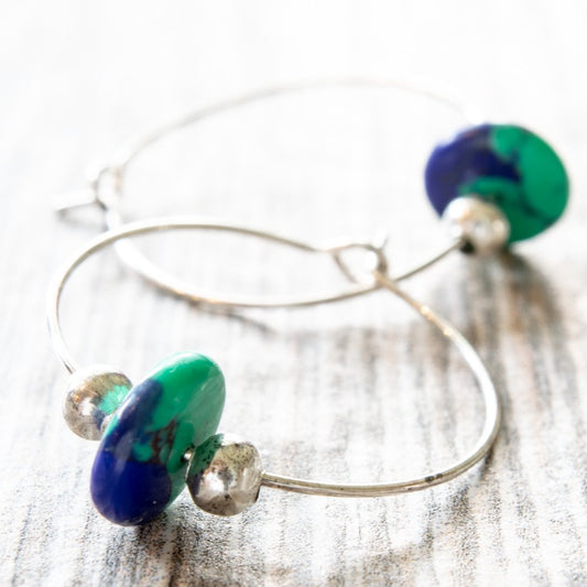 Little Treats, Silver Hoope Earrings with Azurite Stones