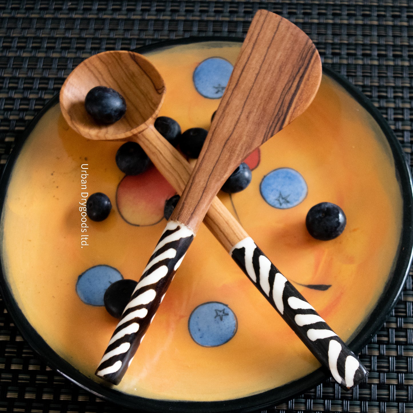 Hand Carved African Olive Wood Spoon, with Striped Cow Bone Handle