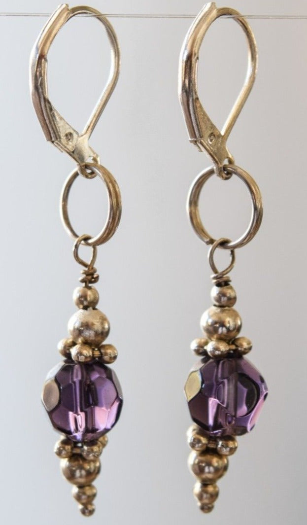 Basics, Dangle Earrings with Amethyst Crystal Dangles on Lever-Back Hoops