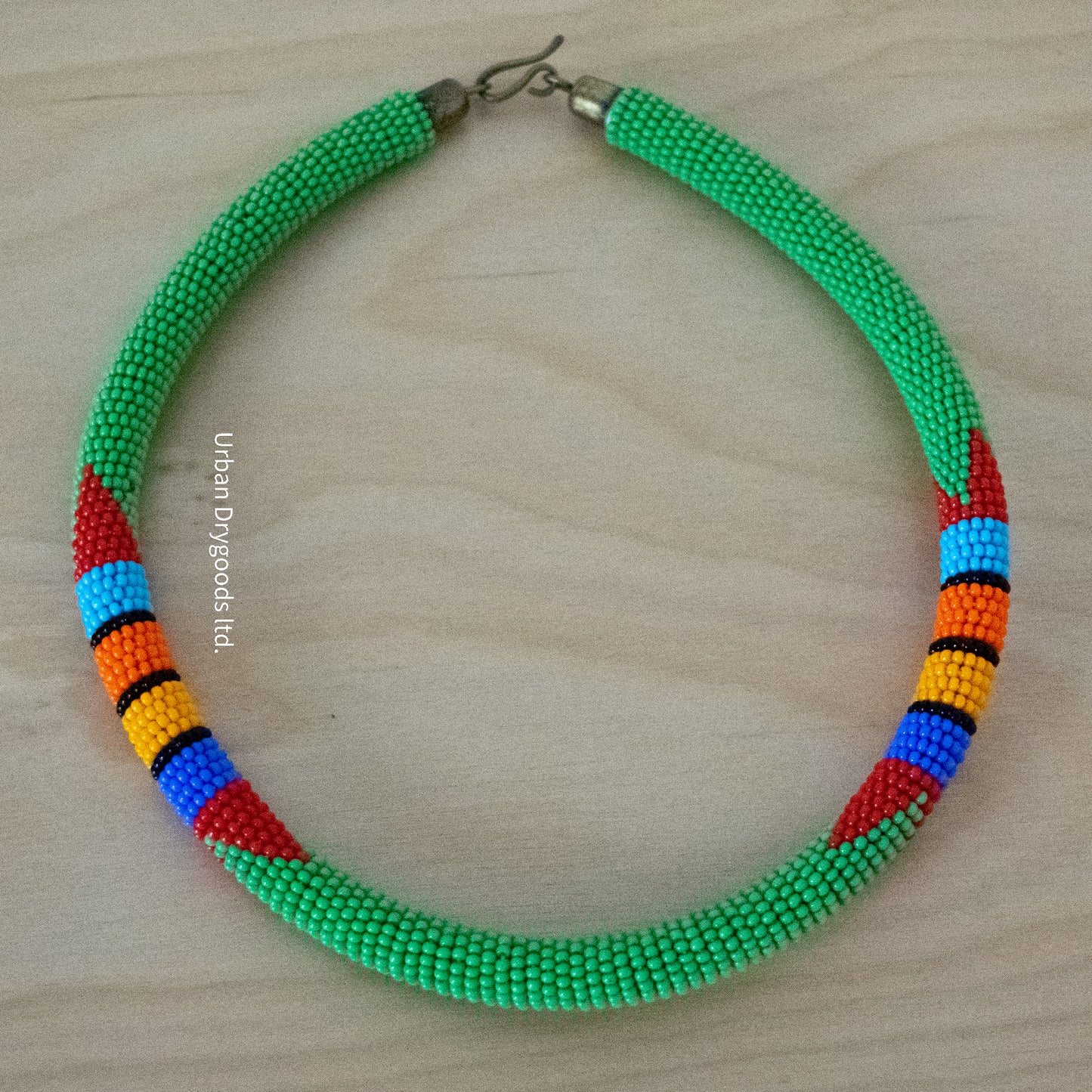 Zulu and Messiah African Handmade Beaded Necklace, Green, Red, Sky-Blue, Orange, Marigold