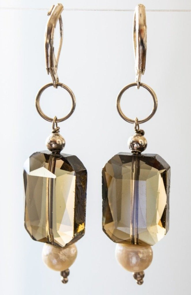 Basics, Dangle Earrings with large Amber Smokey Brown Crystals and Fresh Water Pearls