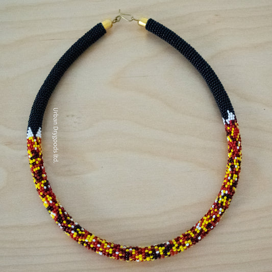 Zulu and Messiah African Handmade Beaded Necklaces, Black with Mixed White, Red, Yellow