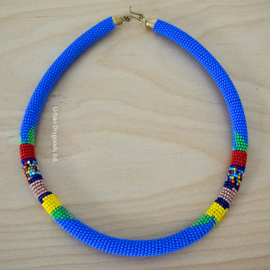 Zulu and Messiah African Handmade Beaded Necklaces, Periwinkle, Red, Orange, Yellow, Green, and Sky Blue