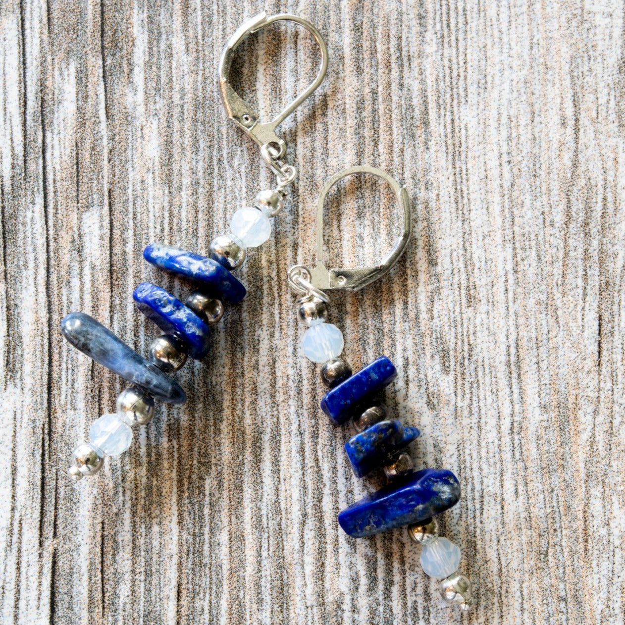 Expressions in Sodalite, Spring Back Dangle Earrings with Sodalite and Opalite