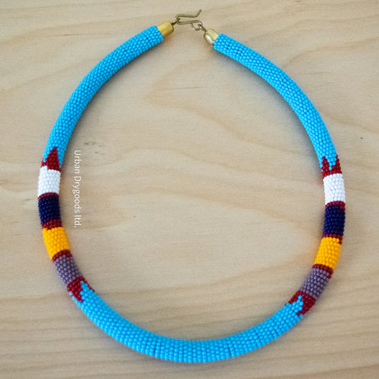 Zulu and Messiah African Handmade Beaded Necklace, Sky-Blue, Dark Red, White, Black, Orange, and Purple